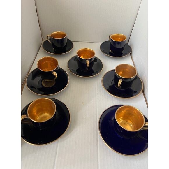 Rorstrand Fleur de Lis Cup & Saucer Cobalt Blue Porcelain Demitasse 7 pieces - Picture 1 of 4